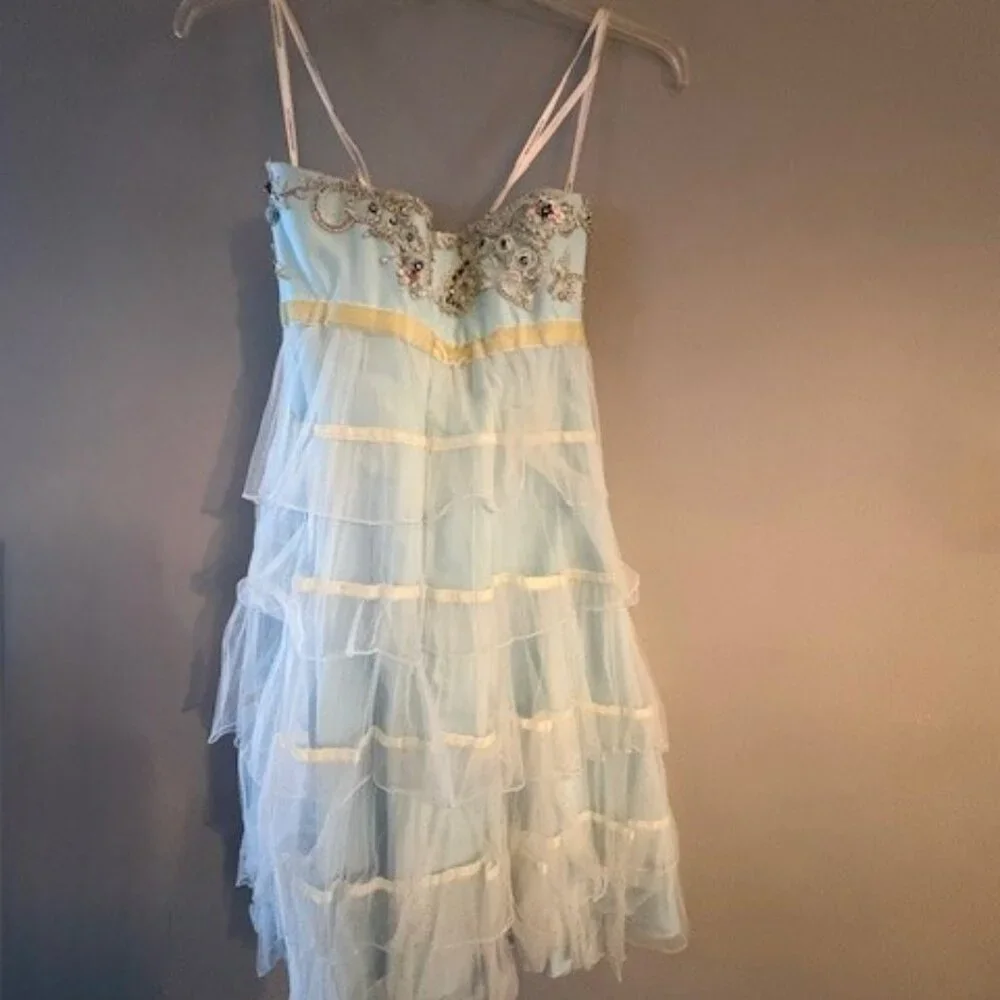 Alyce Paris Light Blue and Cream Strapless Ruffled Dress - Picture 2 of 6